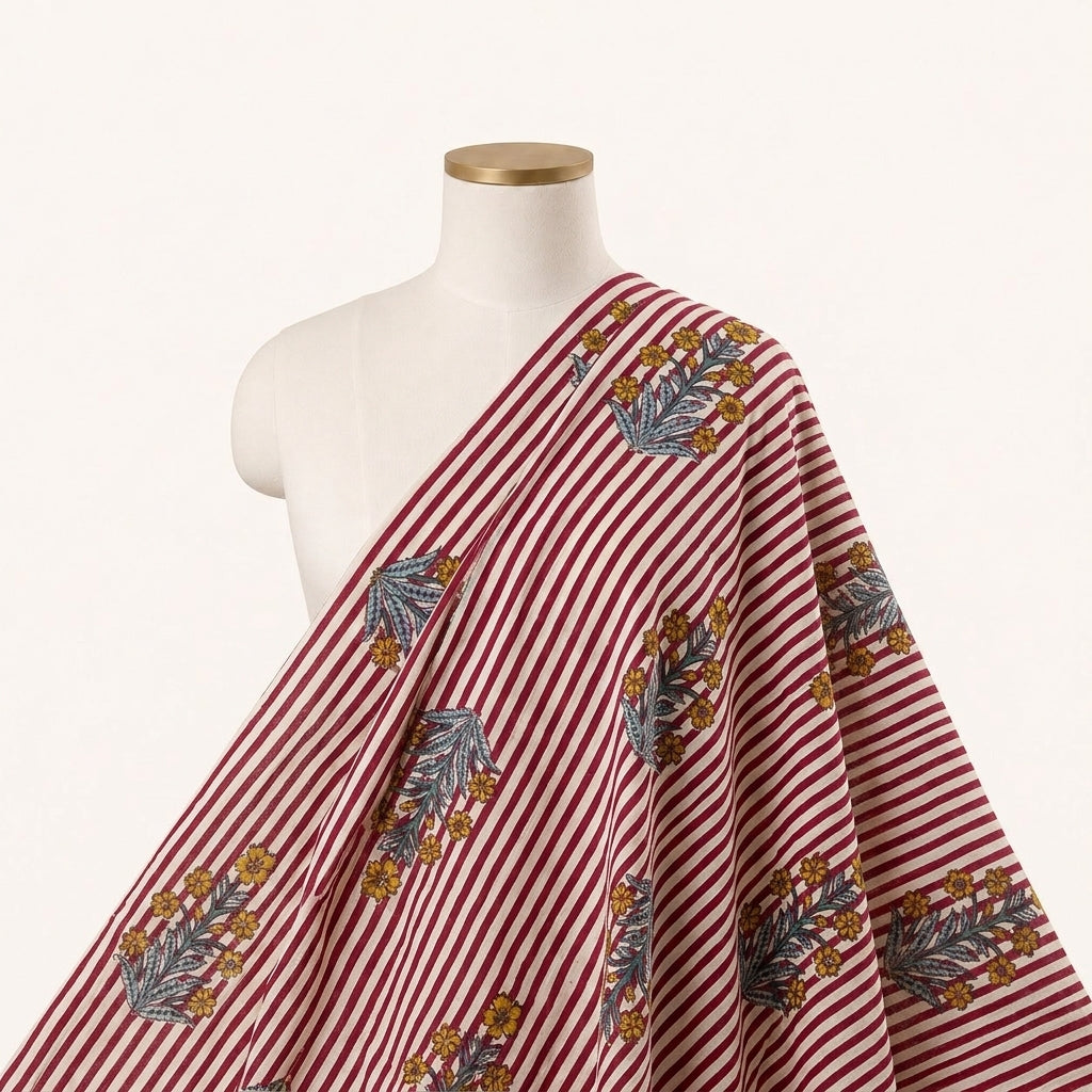Red Striped Cotton Fabric, draped as a saree