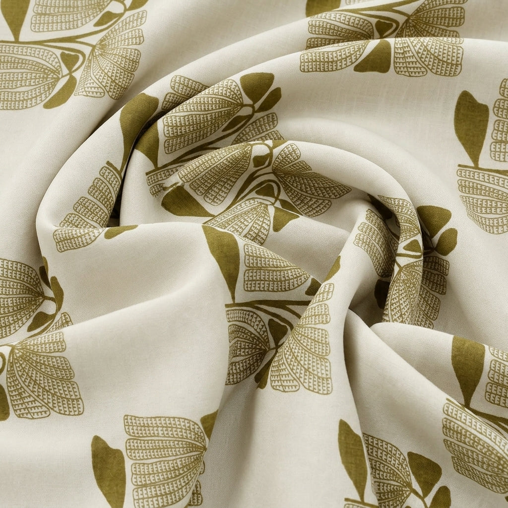 Swirled Cream Floral Cotton Fabric Showing Drape