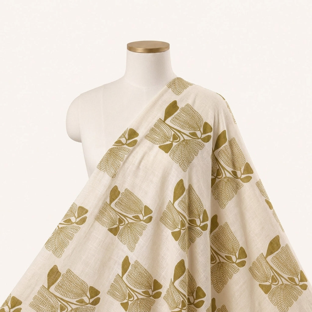 Cream Floral Cotton Fabric Draped as a saree