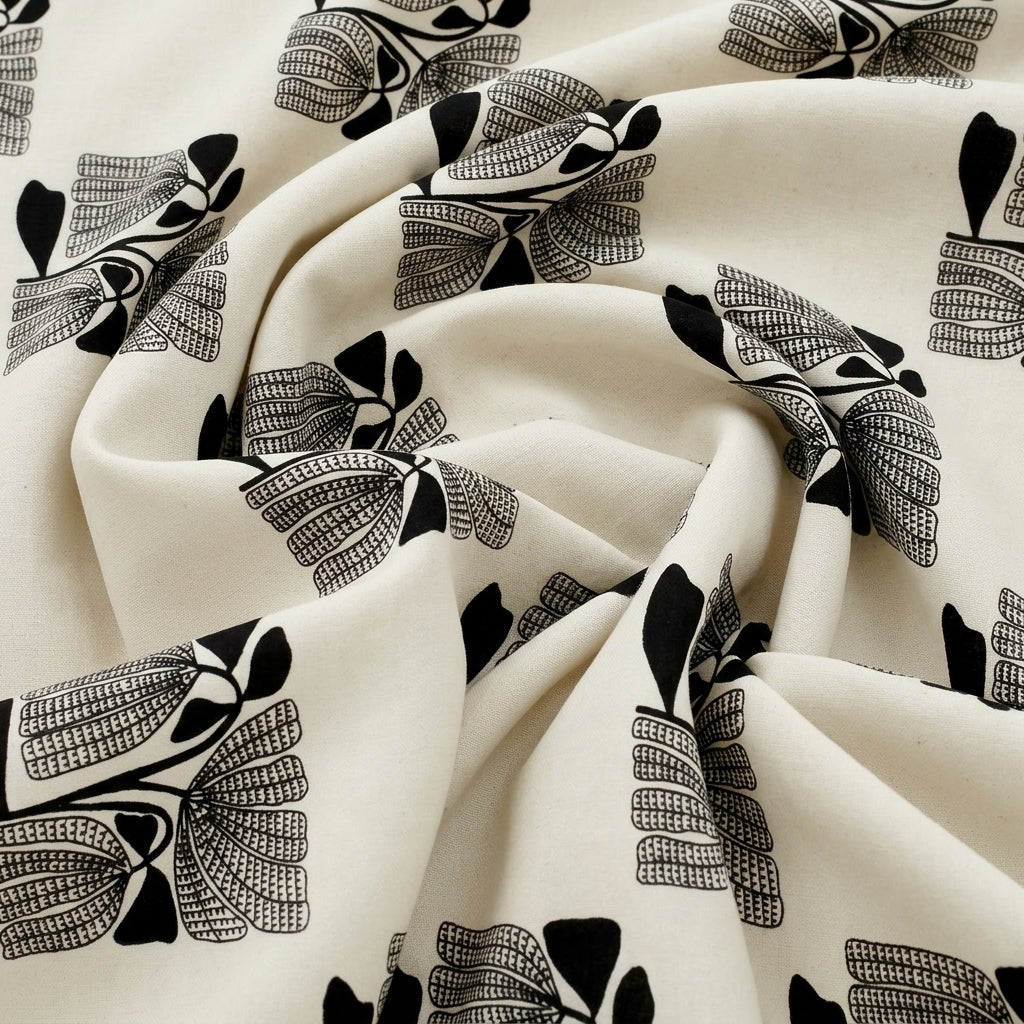 Swirled Cream Floral Cotton Fabric Showing Drape