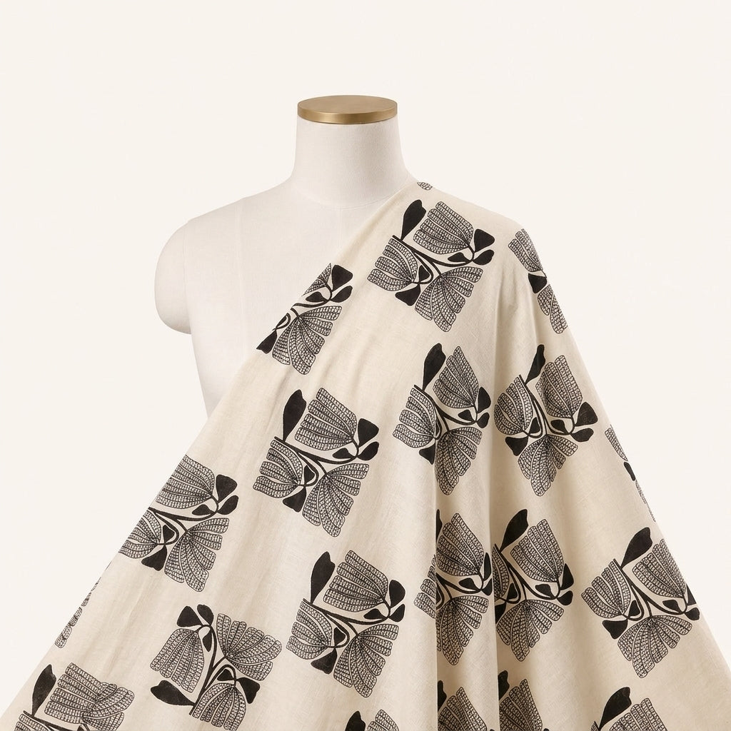 Cream Floral Cotton Fabric Draped as a saree