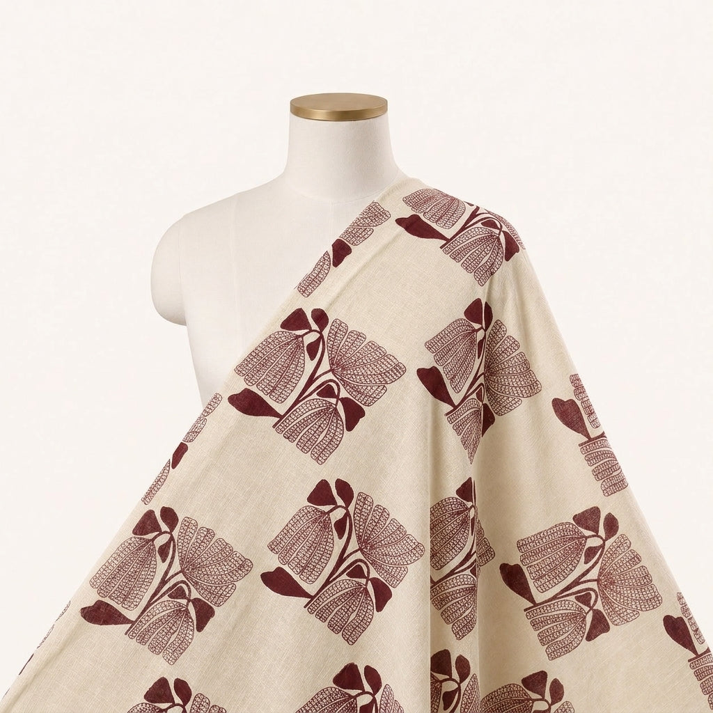 Cream Floral Cotton Fabric Draped as a saree