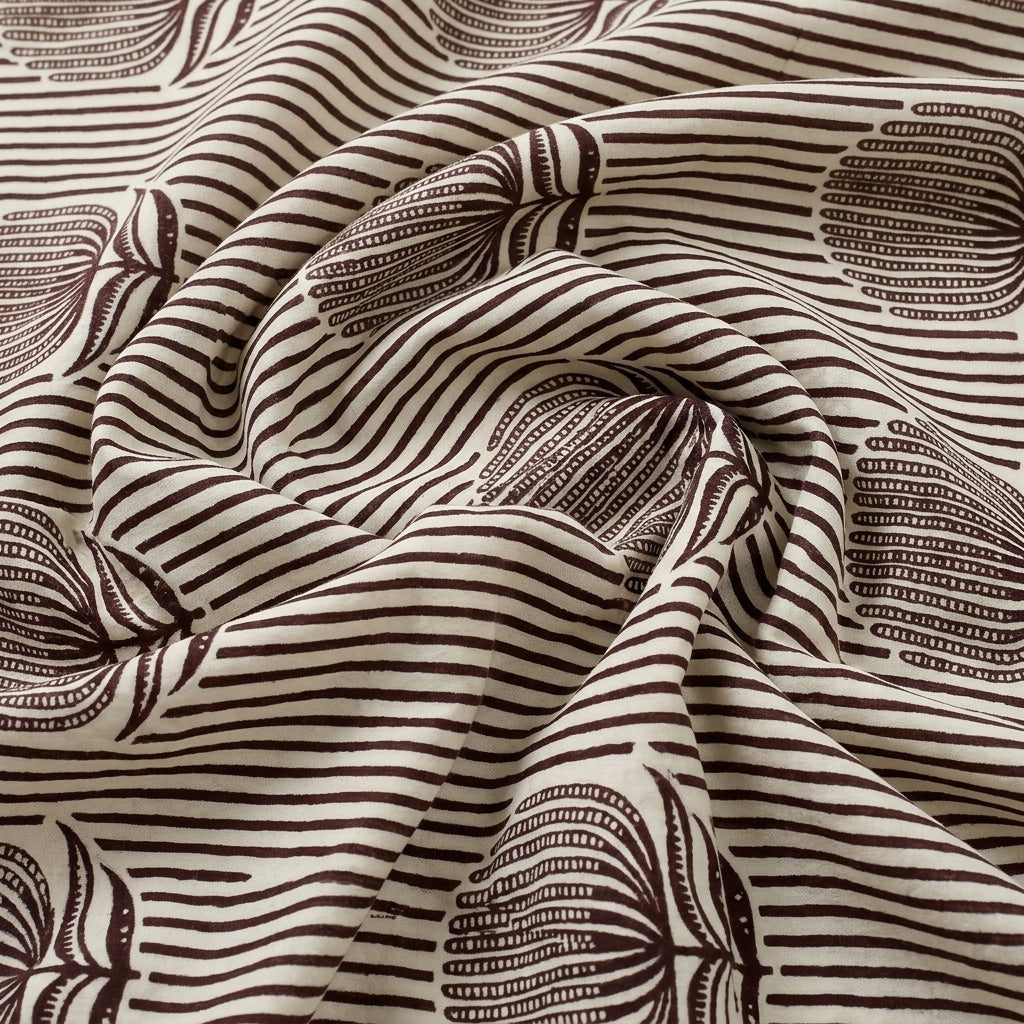 Swirled Brown Striped Cotton Fabric Showing Floral and Drape