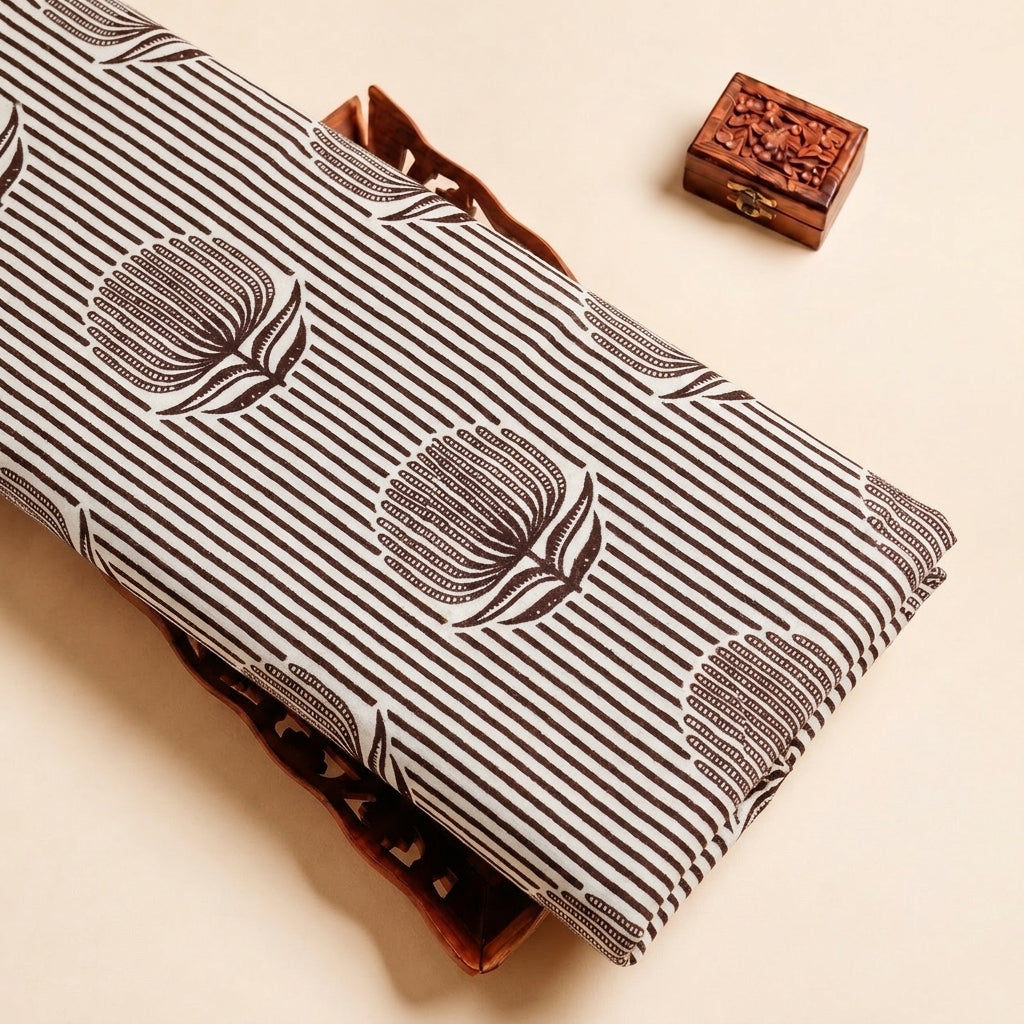 Brown Striped Cotton Fabric with Floral