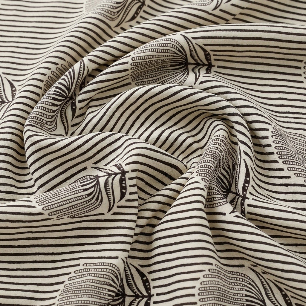 Swirled Cream Striped Cotton Fabric Showing Floral and Drape