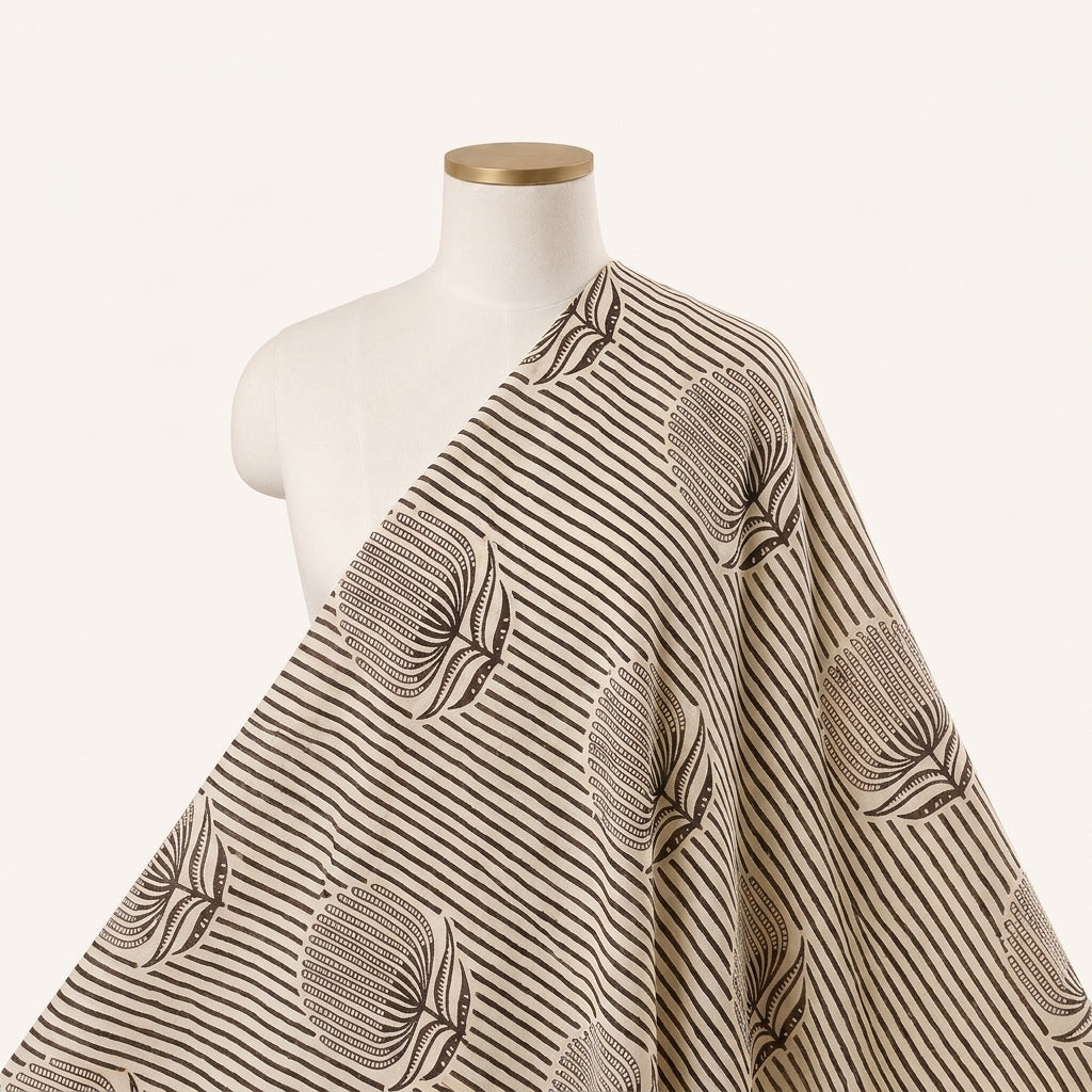 Cream Striped Cotton Fabric Draped as a saree