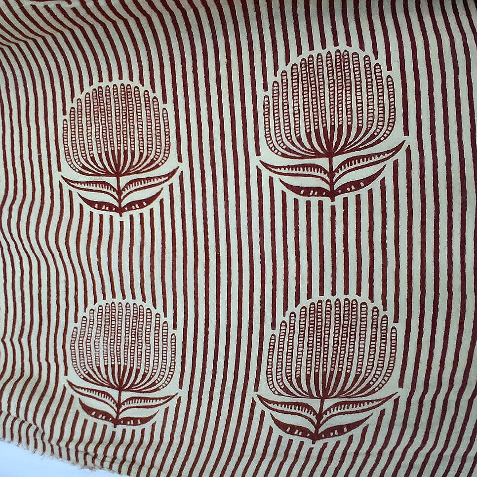 Maroon Cream Striped Cotton Fabric, laid flat