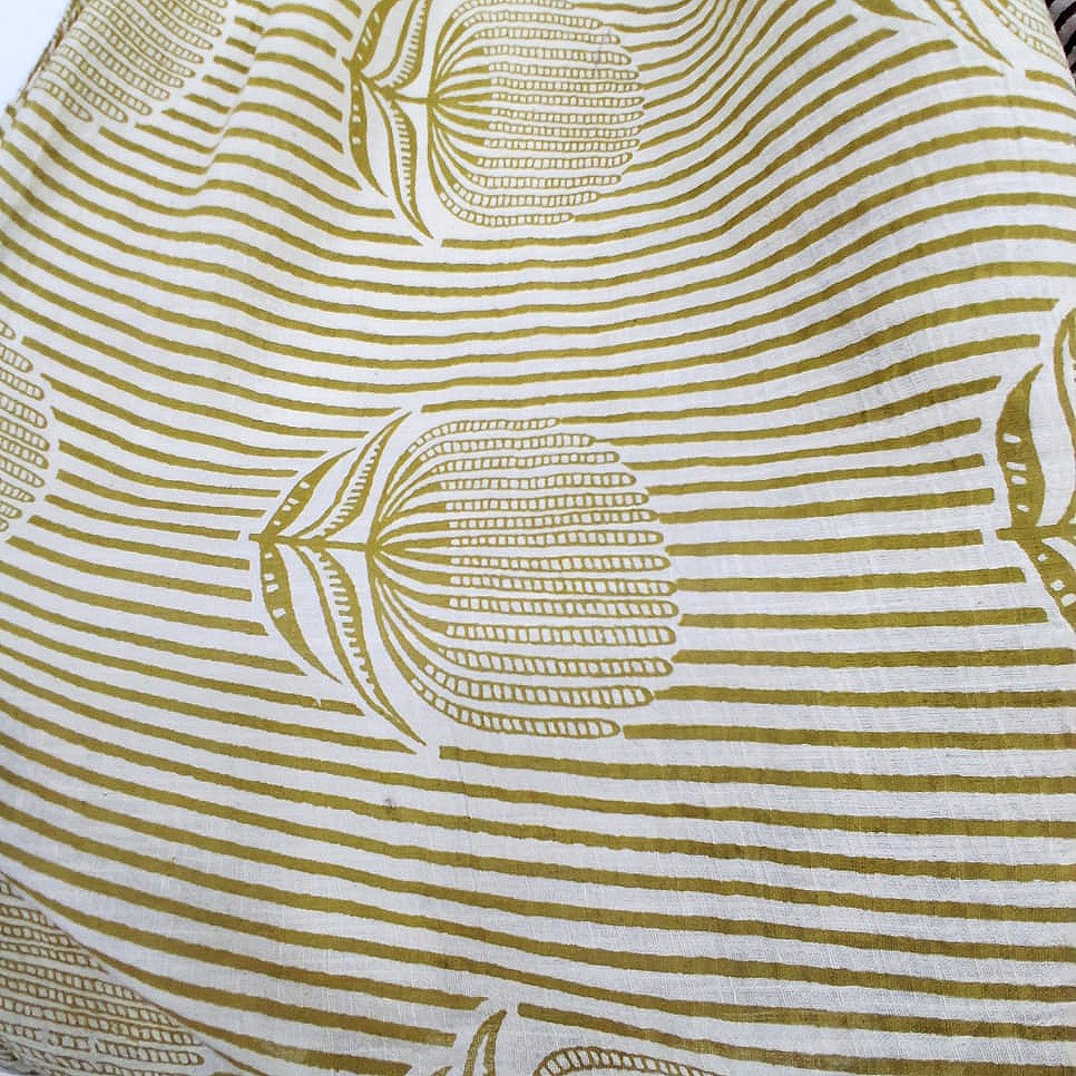 Green Cream Striped Cotton Fabric, laid flat