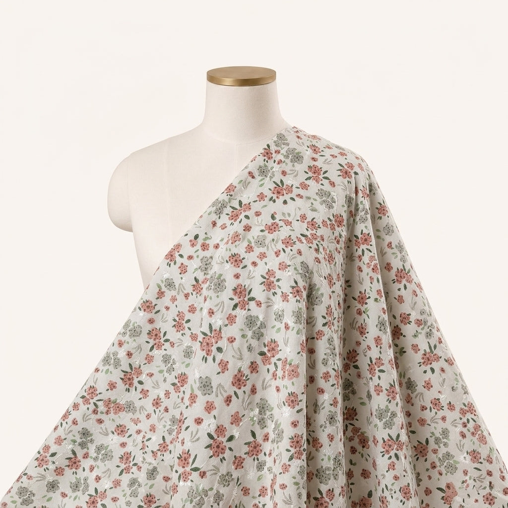 White Embroidery Cotton Fabric Draped as a saree