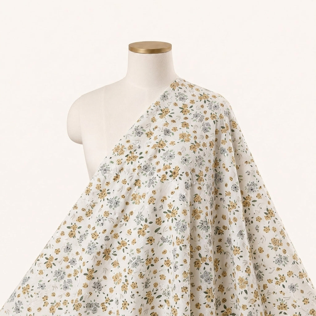 White Embroidery Cotton Fabric Draped as a saree