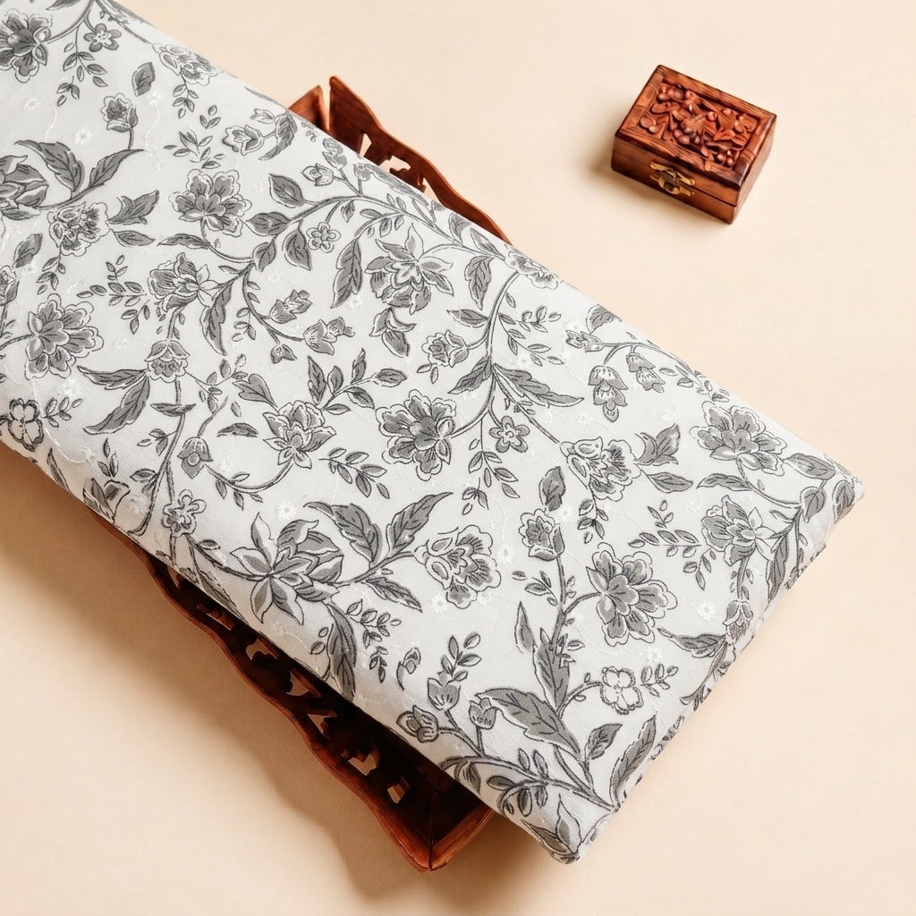 White Embroidery Cotton Fabric with Floral