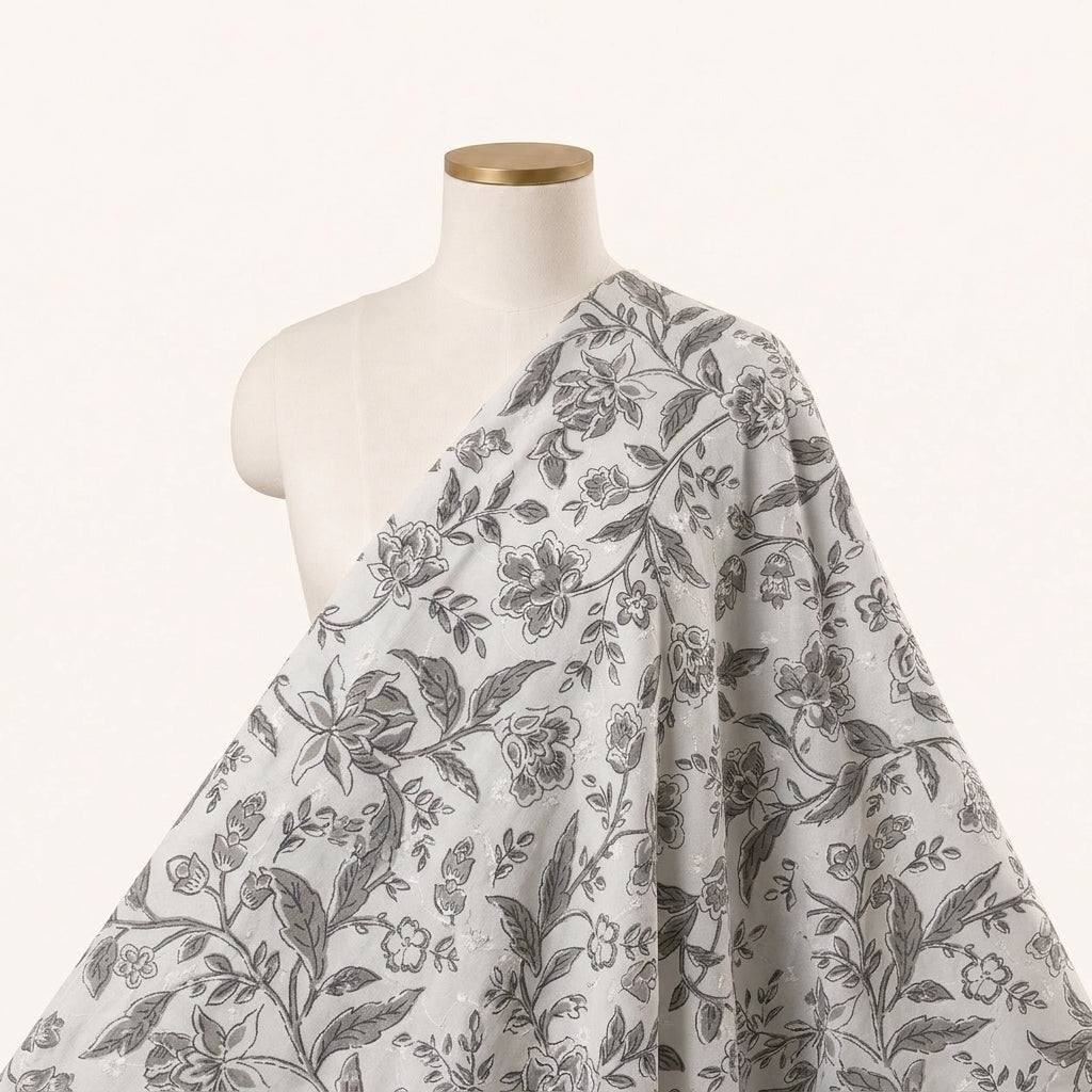 White Embroidery Cotton Fabric Draped as a saree