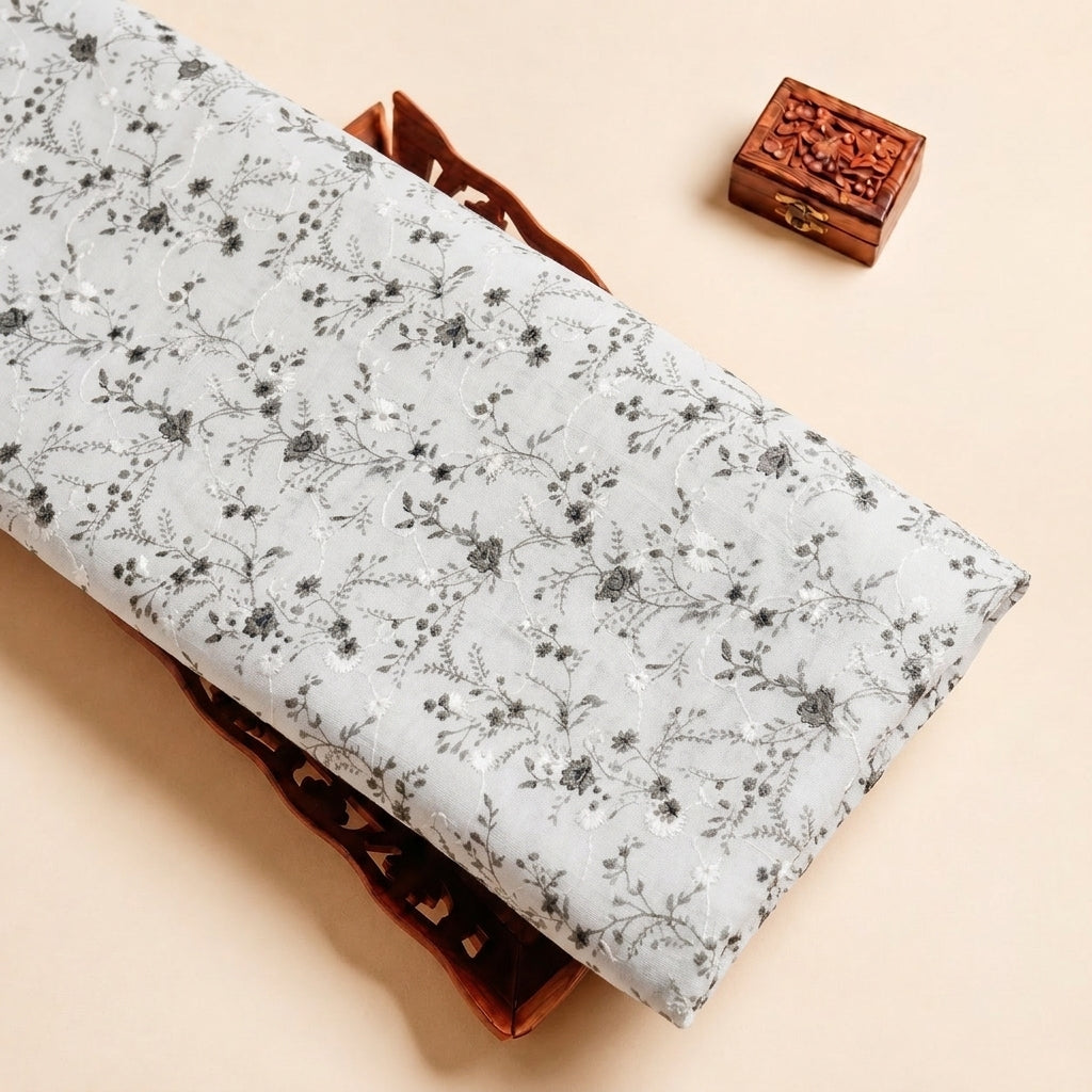 White Embroidery Cotton Fabric with Floral