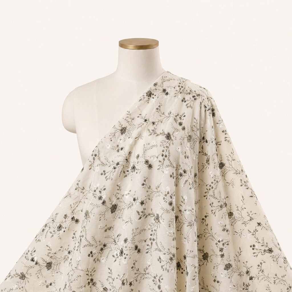 White Embroidery Cotton Fabric Draped as a saree