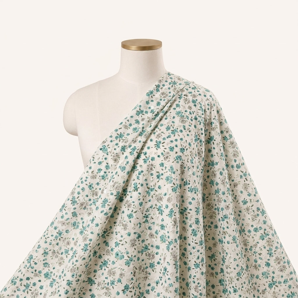 White Embroidery Cotton Fabric Draped as a saree