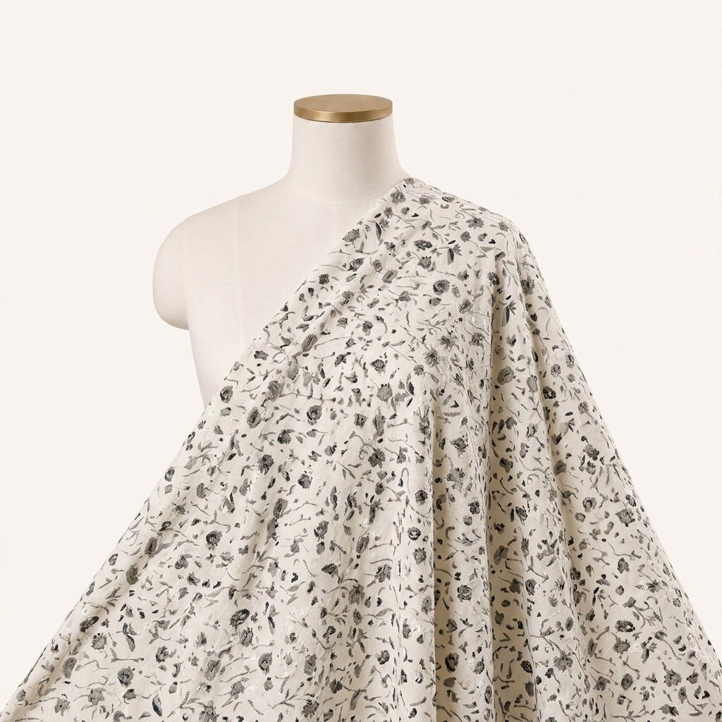 White Embroidery Cotton Fabric Draped as a saree