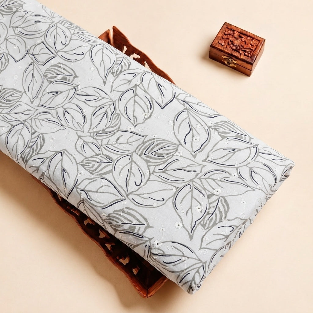 White Embroidery Cotton Fabric with Leaf