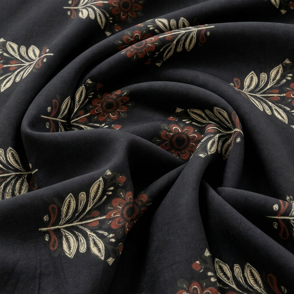 Black Floral Cotton Fabric, swirled to show the drape