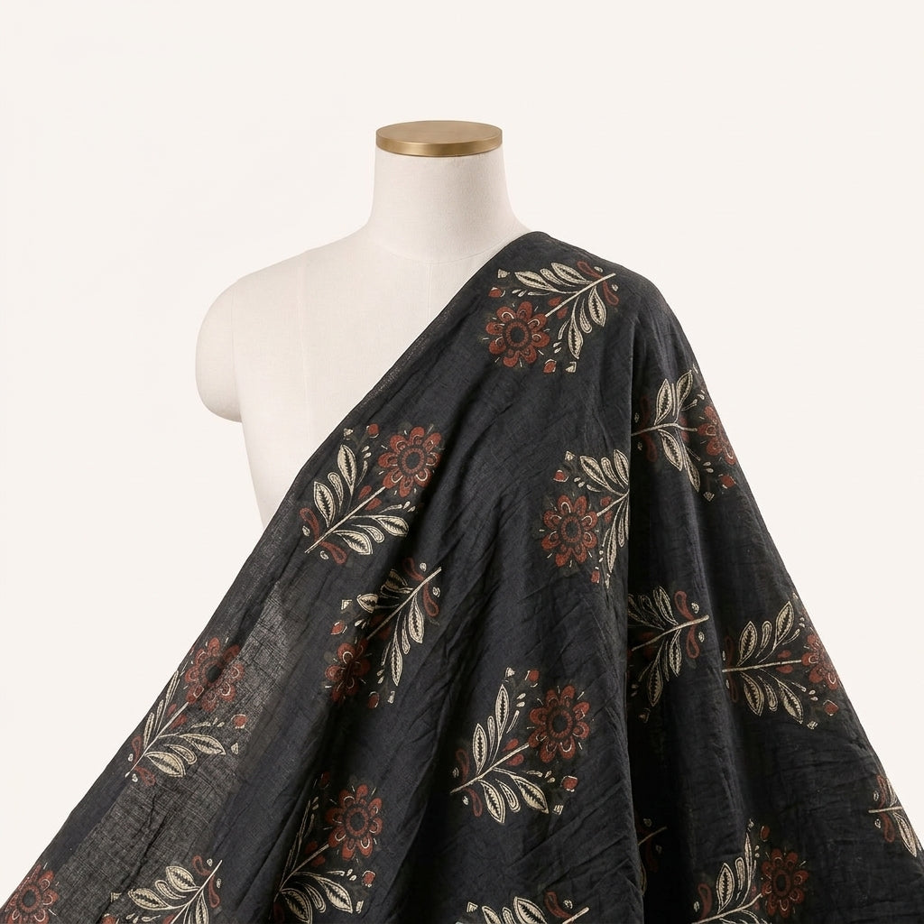 Black Floral Cotton Fabric Draped as a saree