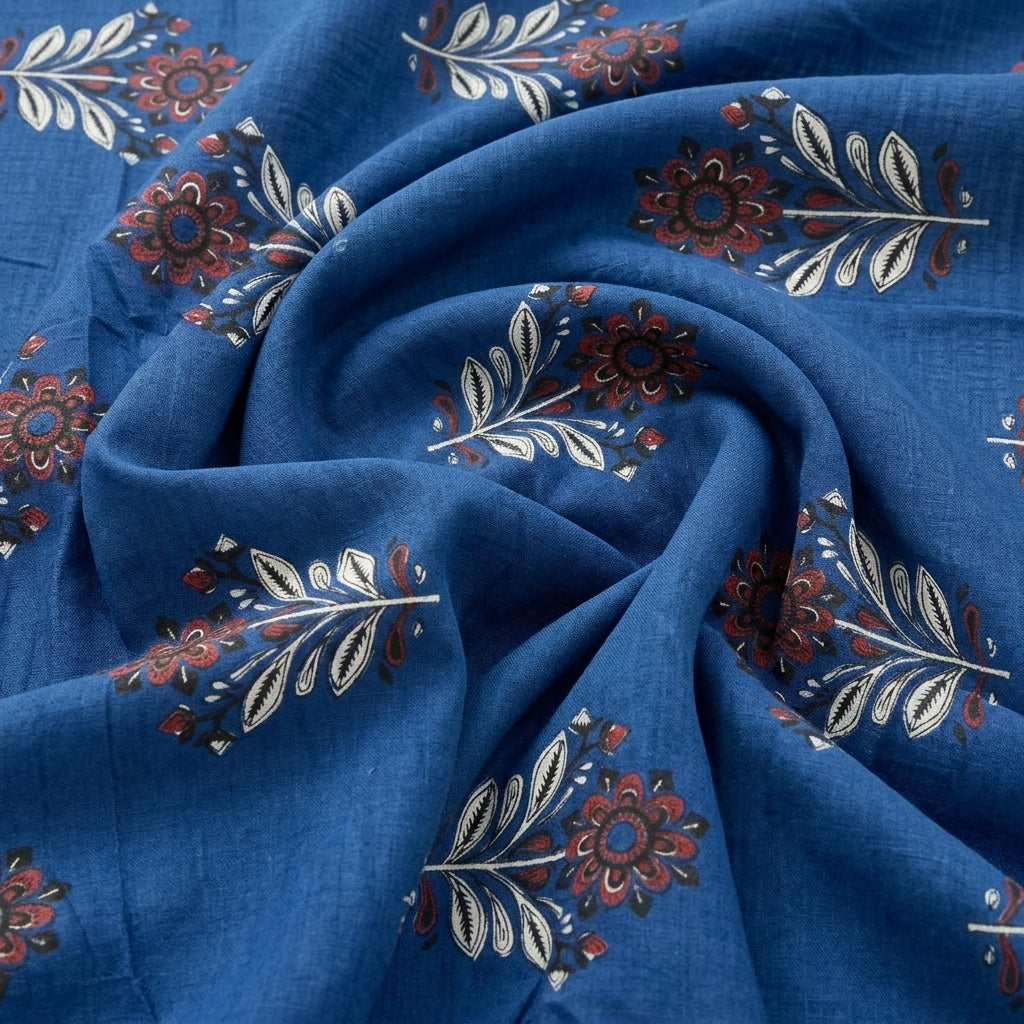 Swirled Blue Floral Cotton Fabric Showing Drape