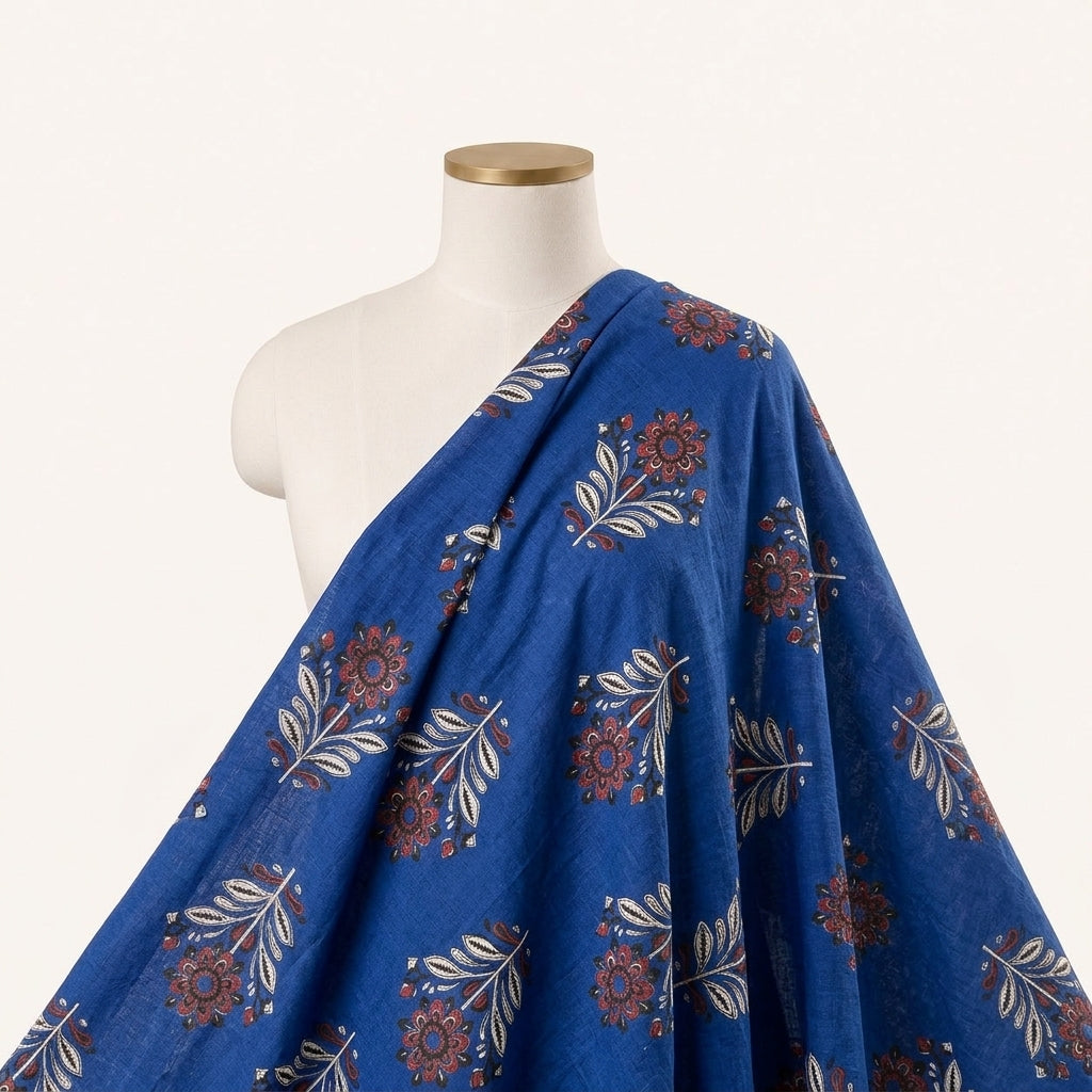 Blue Floral Cotton Fabric Draped as a saree