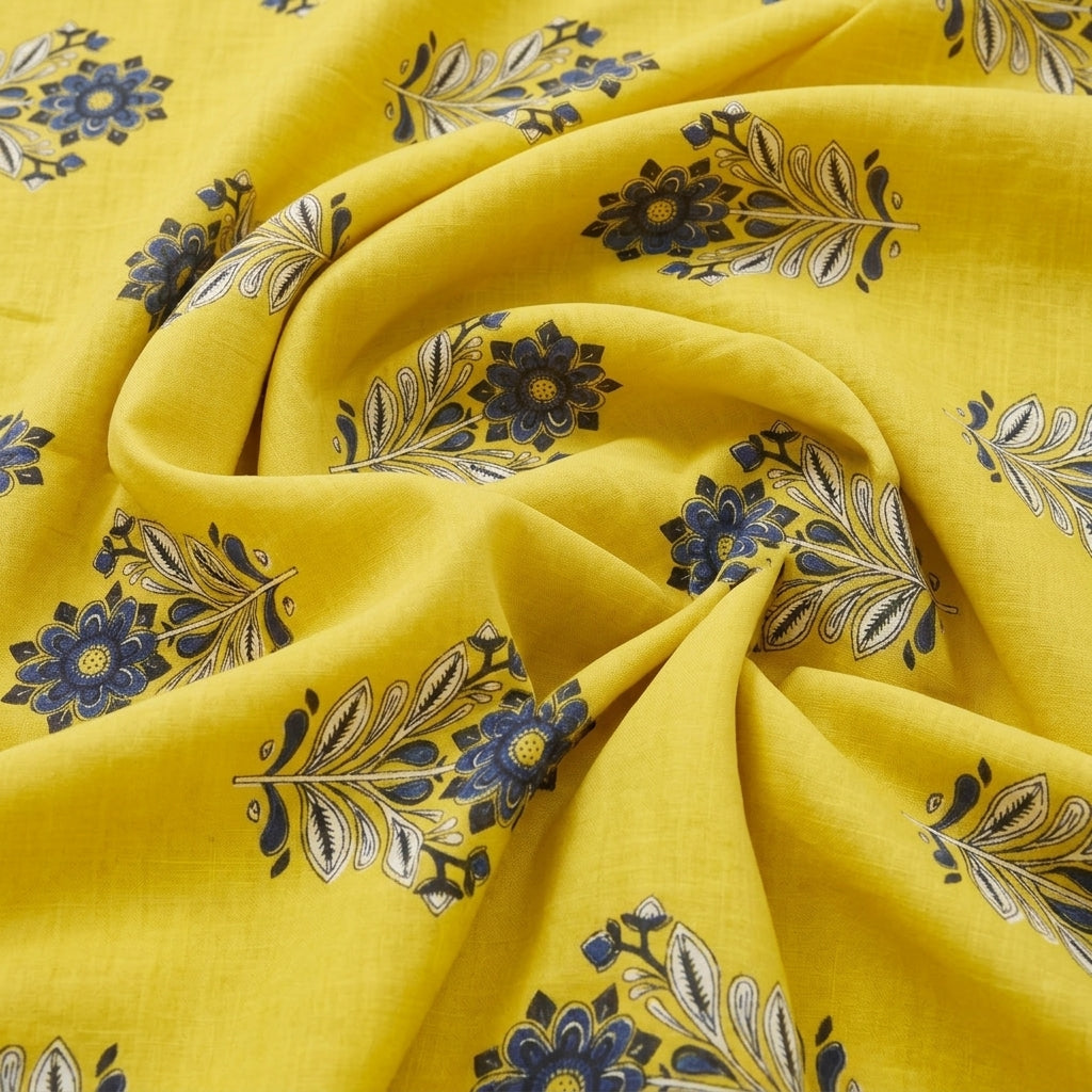 Swirled Yellow Floral Cotton Fabric Showing Drape