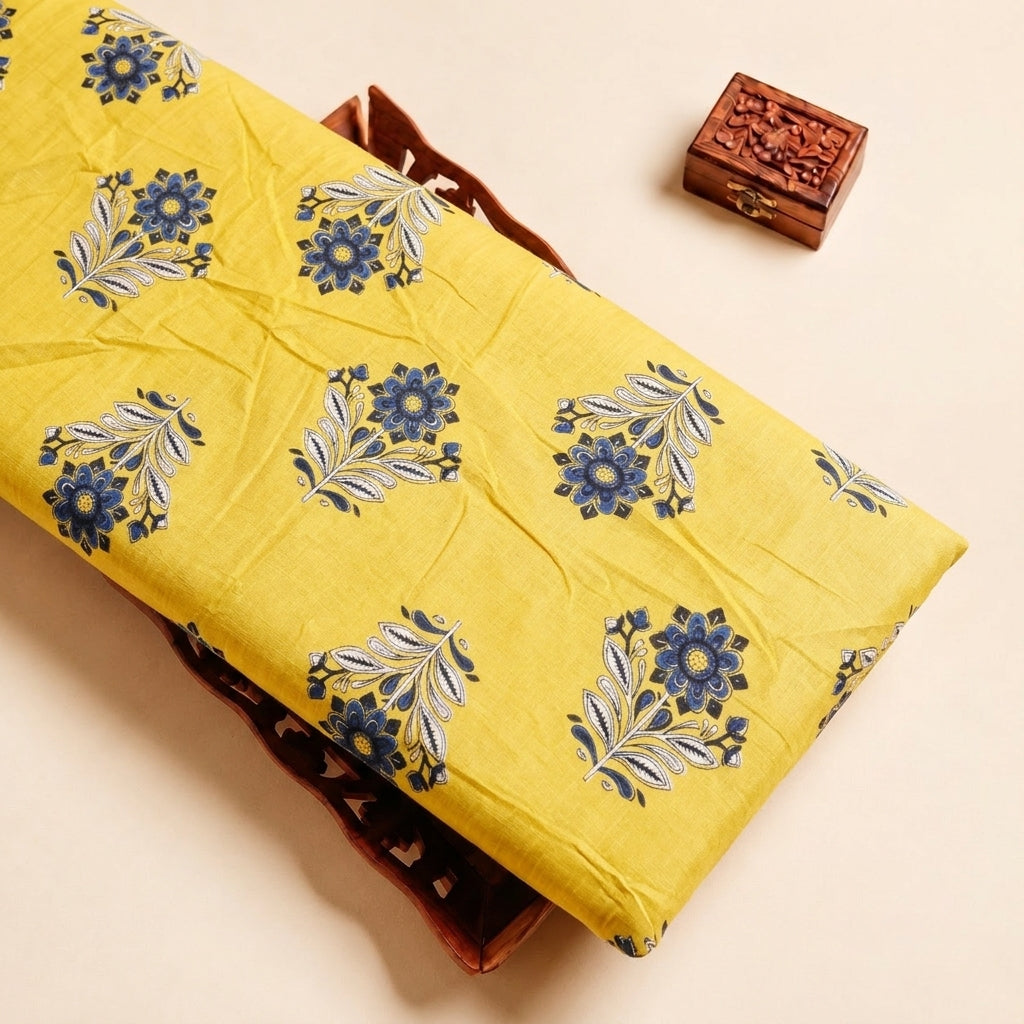 Yellow Floral Cotton Fabric, folded