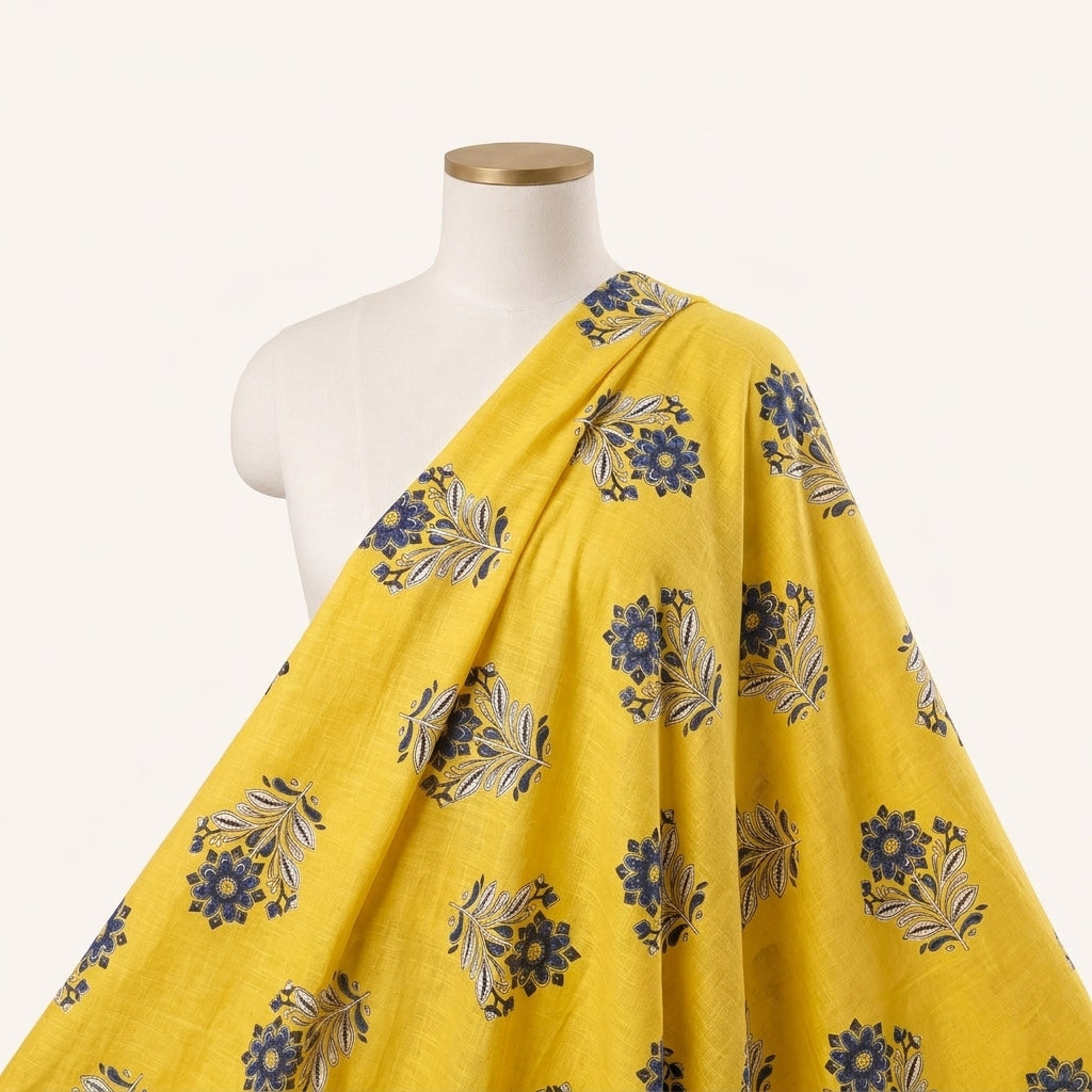 Yellow Floral Cotton Fabric Draped as a saree