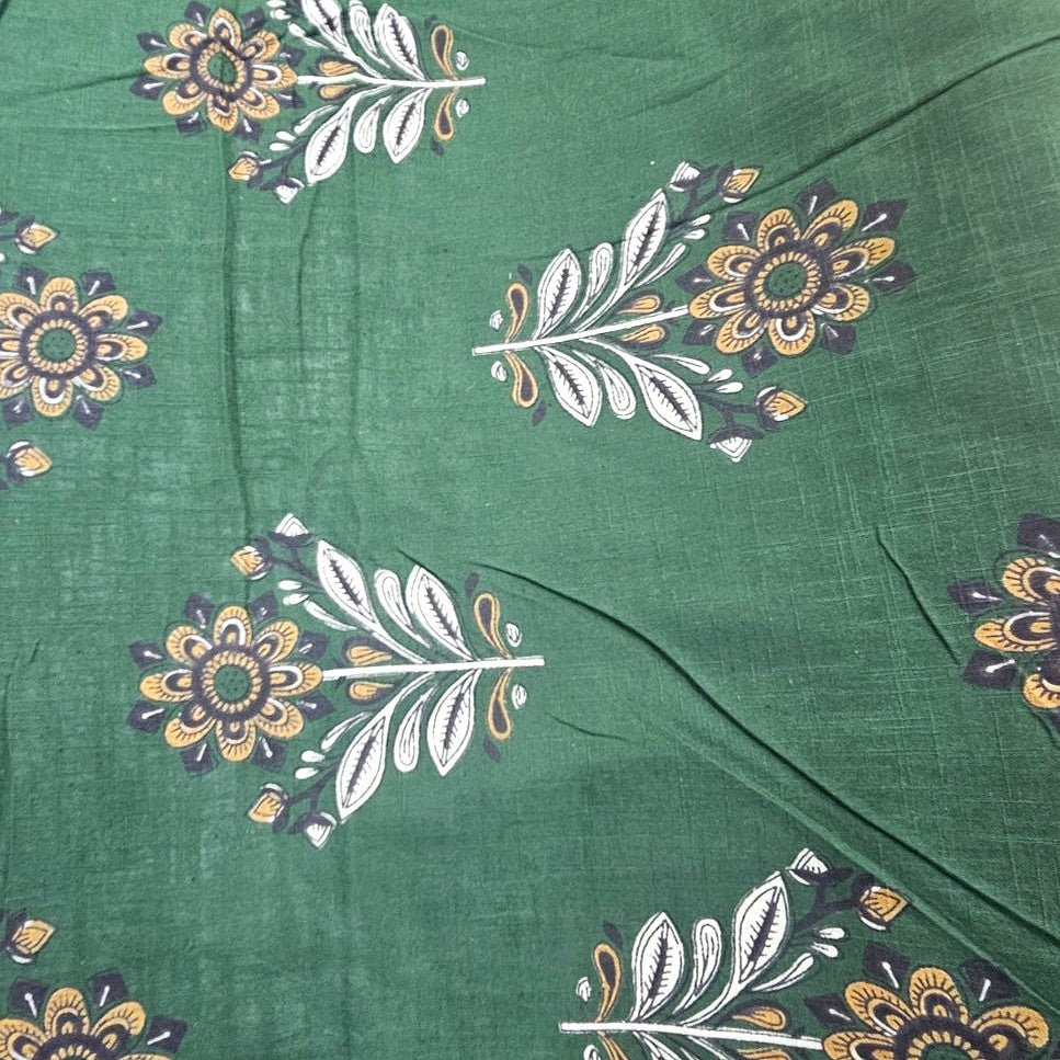 Green Floral Cotton Fabric, laid flat