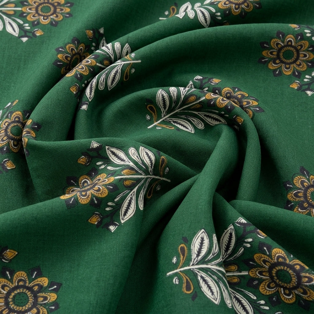 Swirled Green Floral Cotton Fabric Showing Drape