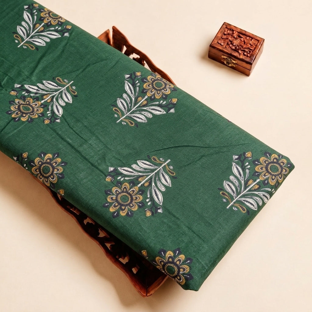 Green Floral Cotton Fabric, folded
