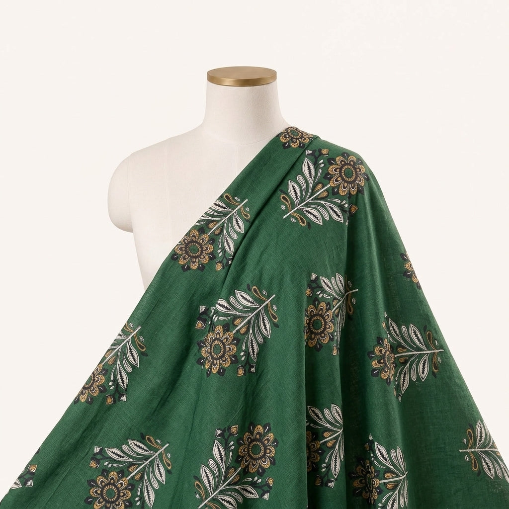 Green Floral Cotton Fabric Draped as a saree