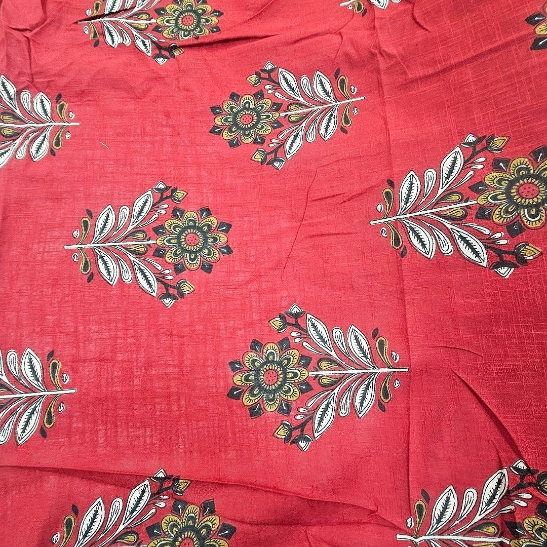 Red Floral Cotton Fabric, laid flat