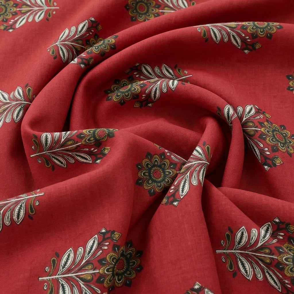 Swirled Red Floral Cotton Fabric Showing Drape
