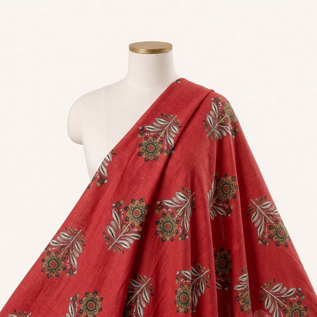 Red Floral Cotton Fabric Draped as a saree