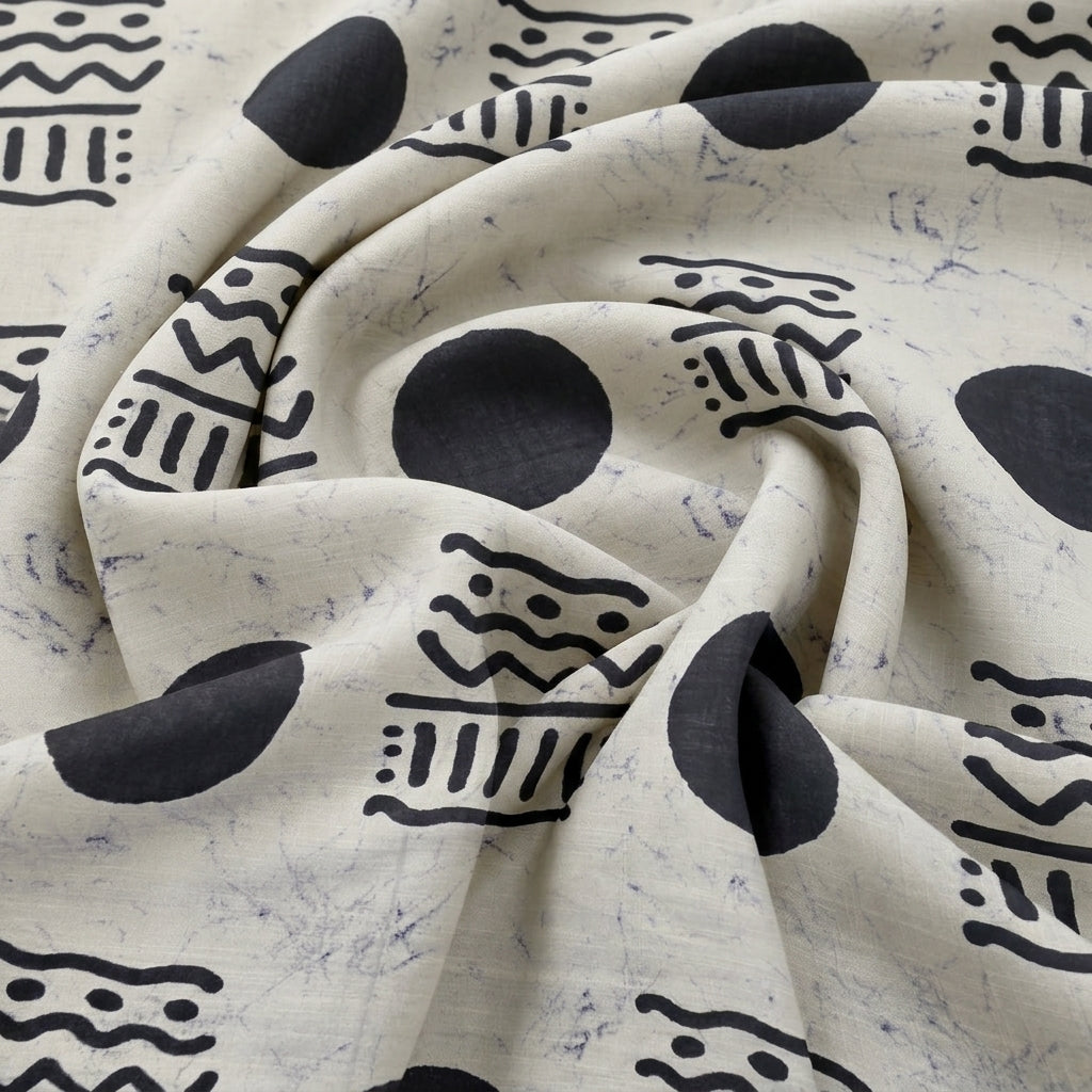 Swirled Cream Abstract Cotton Fabric Showing Drape