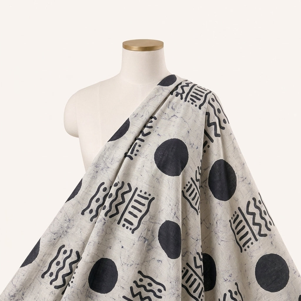 Cream Abstract Cotton Fabric, draped as a saree