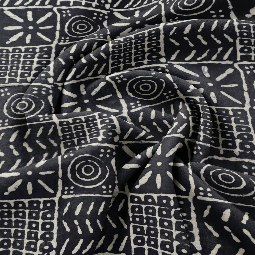 Swirled Black Abstract Cotton Fabric Showing Drape