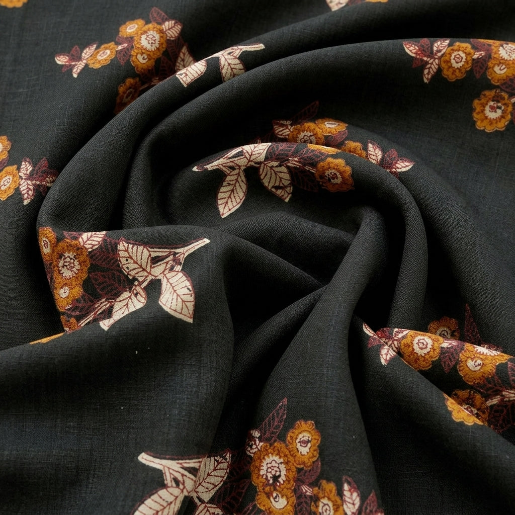Swirled Green Floral Cotton Fabric Showing Drape