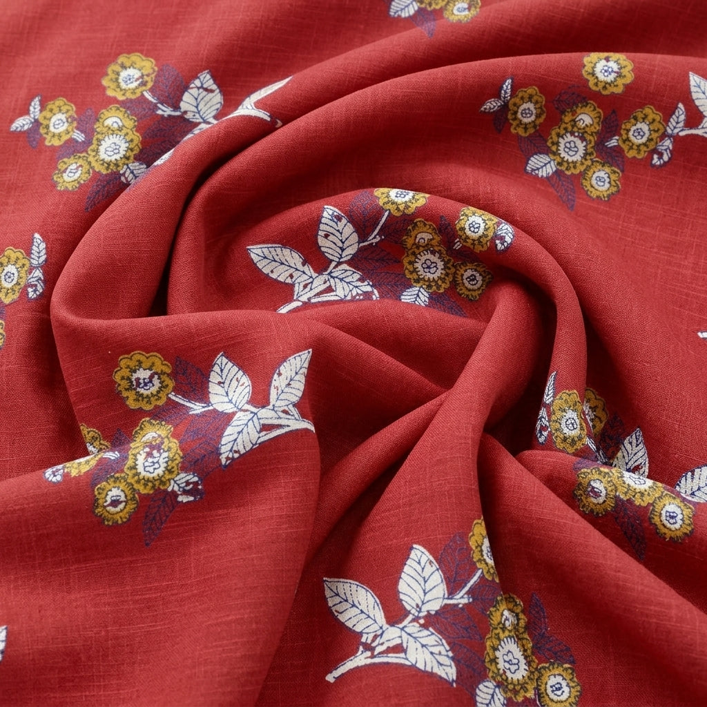 Swirled Red Floral Cotton Fabric Showing Drape