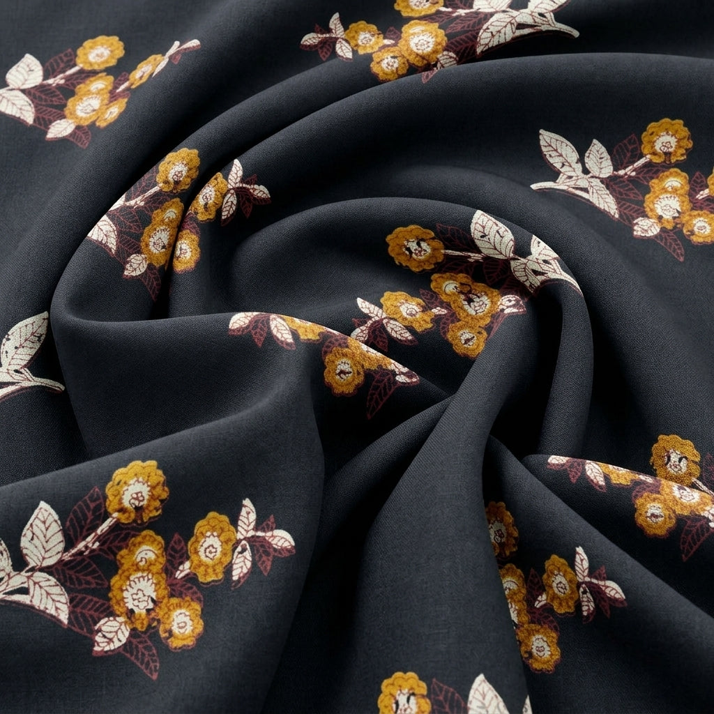 Swirled Black Floral Cotton Fabric Showing Drape