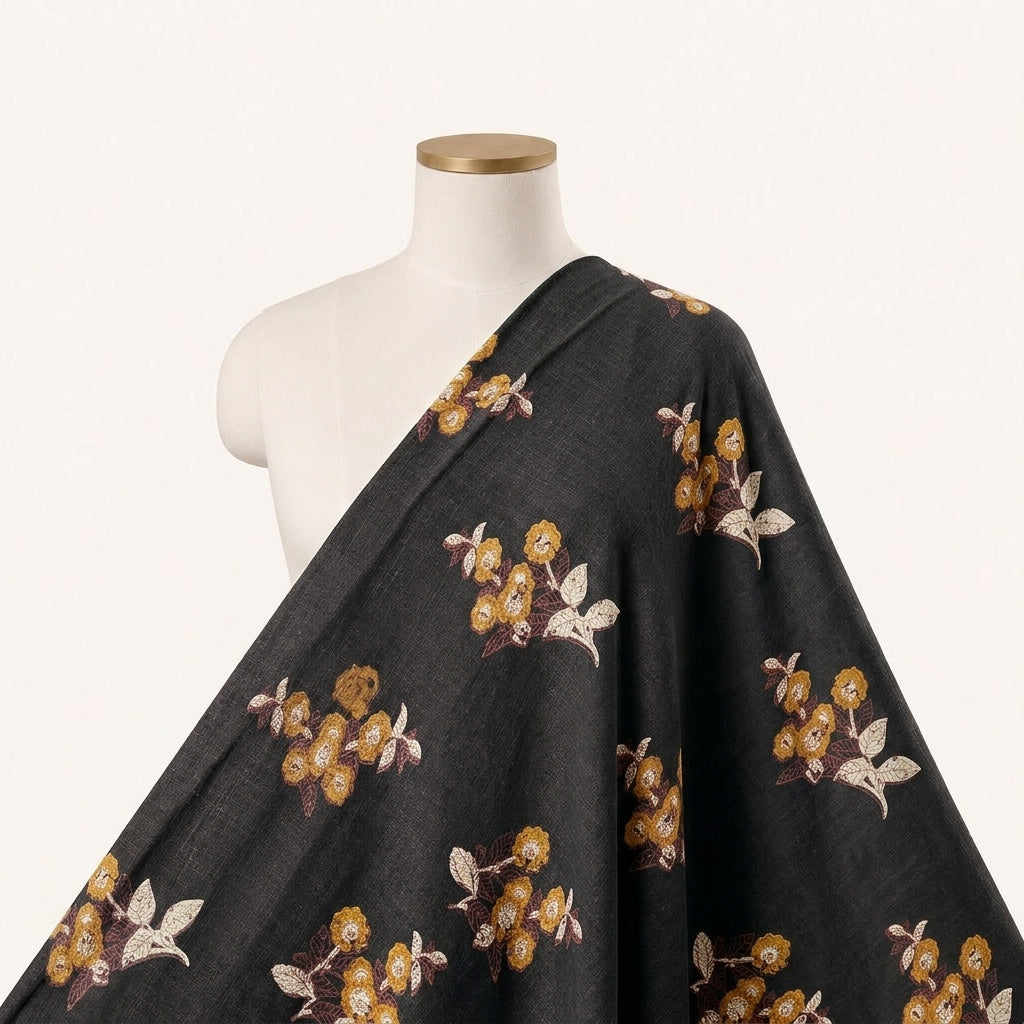 Black Floral Cotton Fabric Draped as a saree