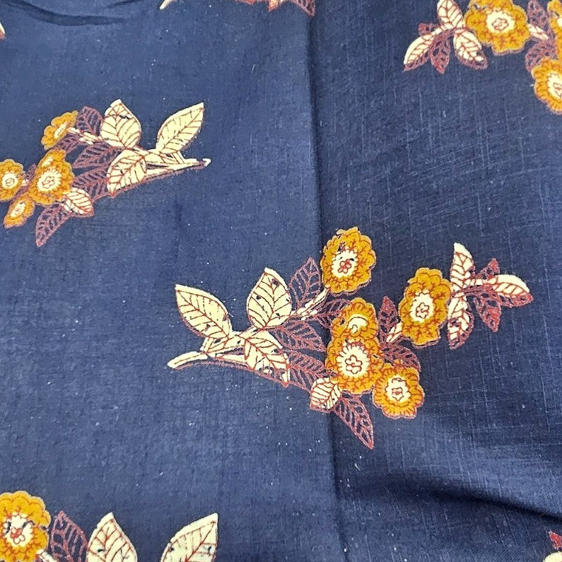 Navy Blue Floral Cotton Fabric, laid flat