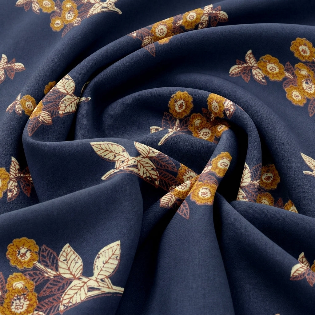 Swirled Navy Blue Floral Cotton Fabric Showing Drape