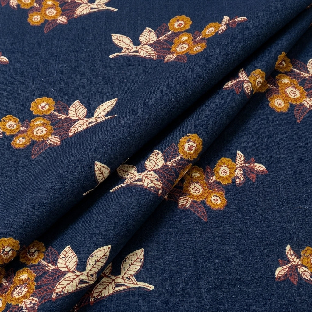 Folded Navy Blue Floral Cotton Fabric