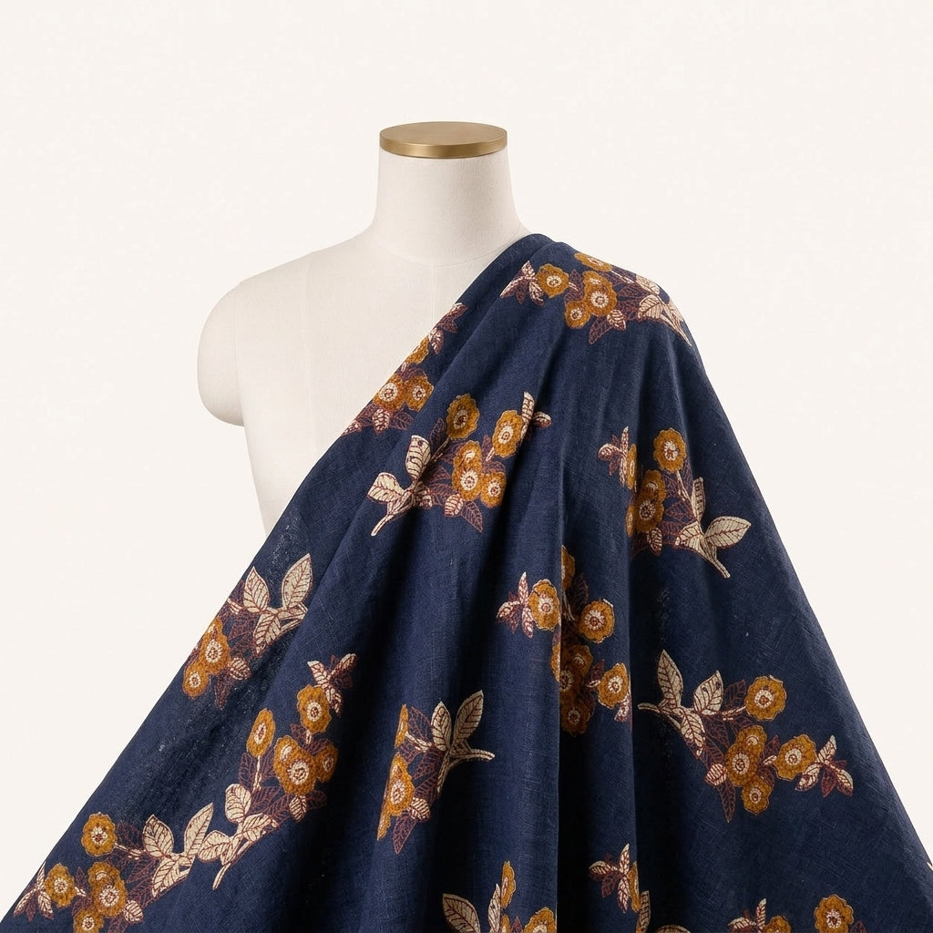 Navy Blue Floral Cotton Fabric Draped as a saree