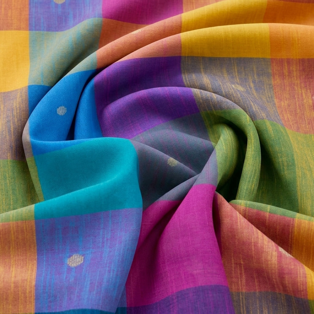 Swirled Multicolor Checked Cotton Fabric Showing Butta and Drape