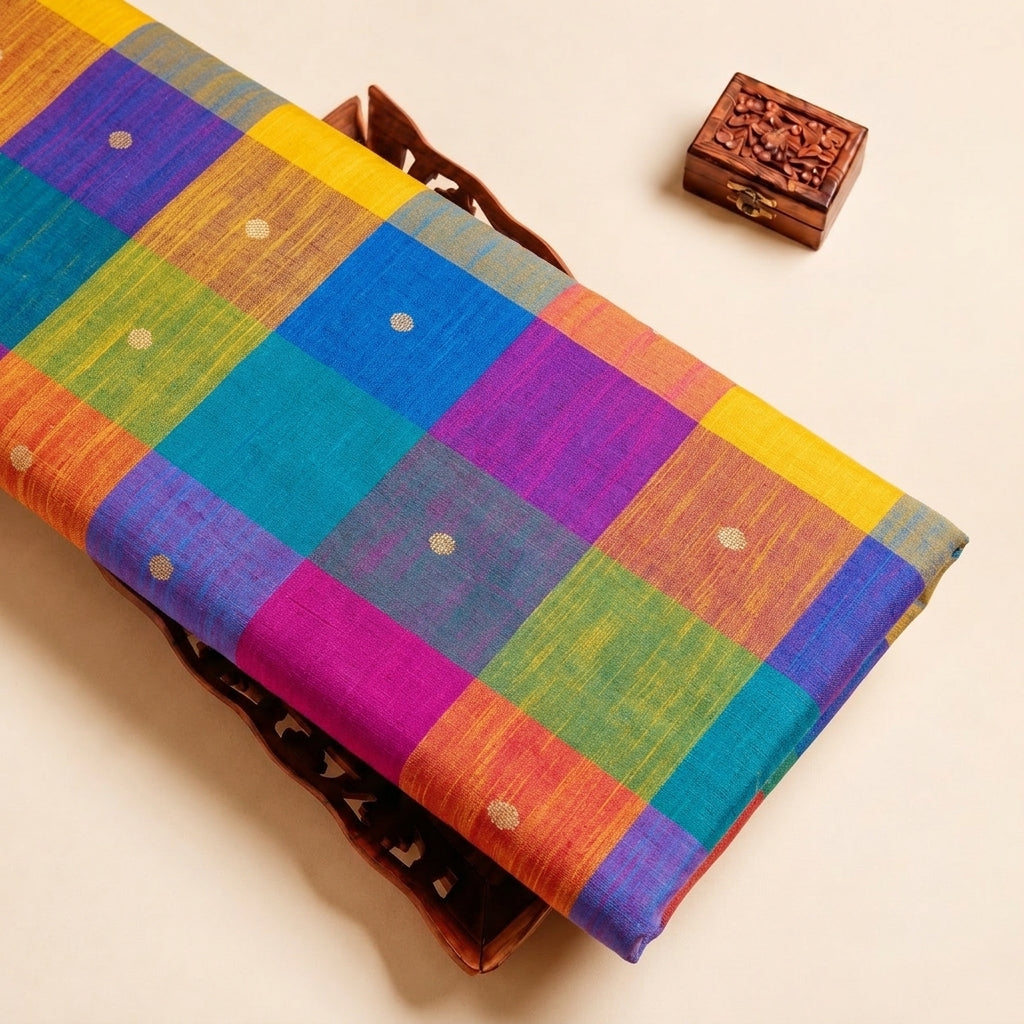 Multicolor Checked Cotton Fabric with Butta