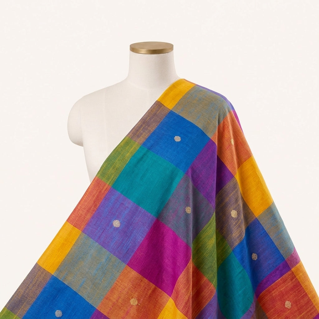 Multicolor Checked Cotton Fabric Draped as a saree