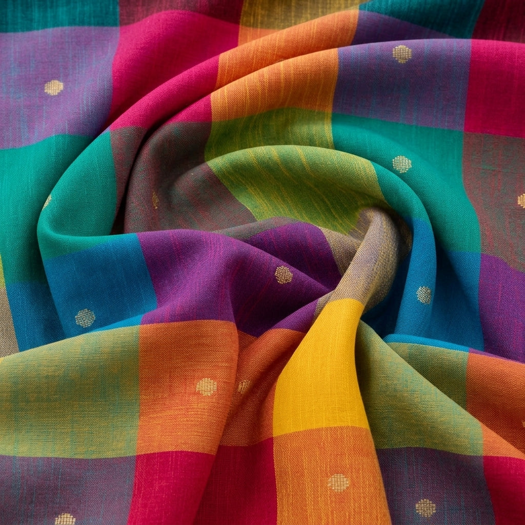 Swirled Multicolor Checked Cotton Fabric Showing Butta and Drape